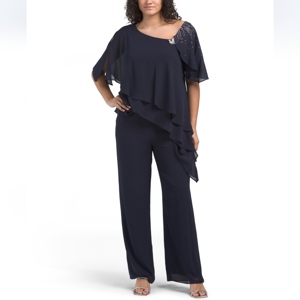 Alex Evenings Women's Navy Asymetrycal Evening Pant Suit
